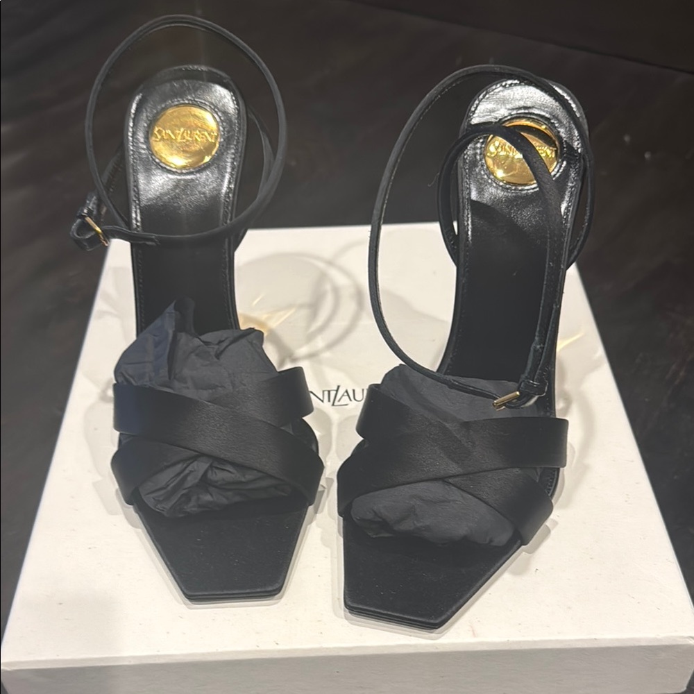 Saint Laurent Black Satin & Gold Wedges
